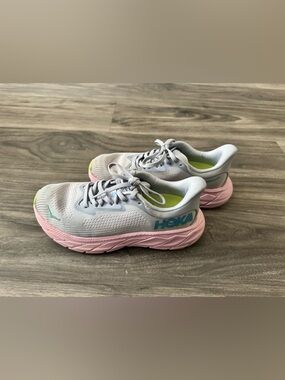 Hoka Light Gray & Pink Women's Running Shoes with Lime Accents